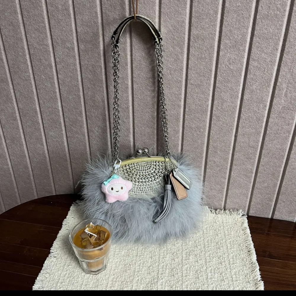 Vintage Coach Gray Ostrich Feather Chain Shoulder Bag